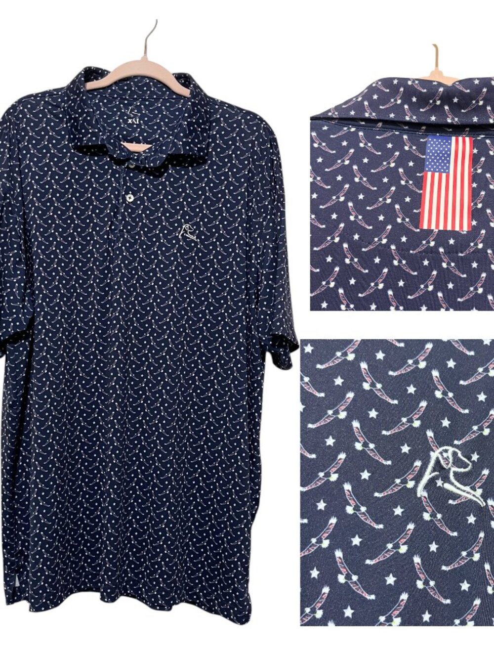 Rhoback Mens Bald Eagle AOP Performance Polo XXL Patriotic USA Golf Country Club